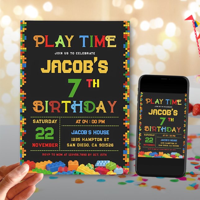 Editable Colourful Building Blocks Birthday Party Invitation (Creator Uploaded)