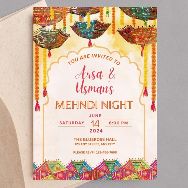 Editable Colourful Mehndi Orange Umbrella Haldi Dh Invitation (Creator Uploaded)