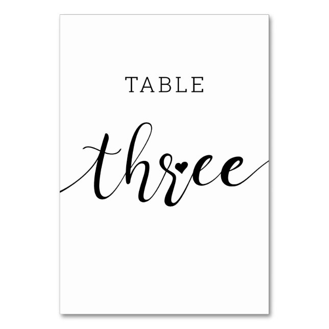 Editable Colours Cute Heart Script Three Wedding Table Number (Front)