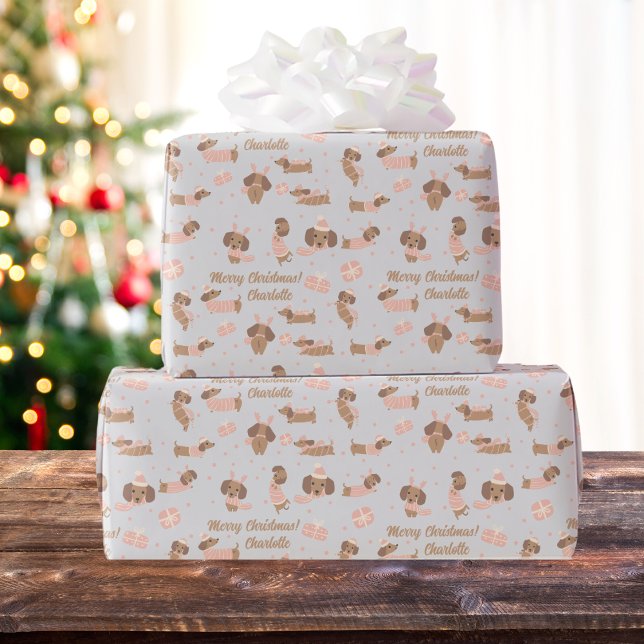 Editable Colours Pink Christmas Dachshund with Nam Wrapping Paper (Creator Uploaded)