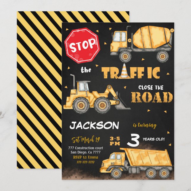 Editable Construction Birthday Invitation (Front/Back)