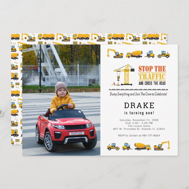 Editable Construction Trucks Theme Photo Birthday Invitation (Front/Back)