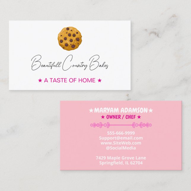 Editable Cookie Logo | White Pink Bakery Business Card (Front/Back)