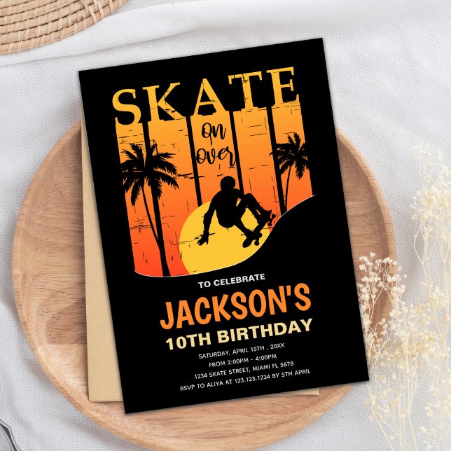 Editable Cool Skater Party Invite for Boys (Orange Skateboard Birthday Invitations)