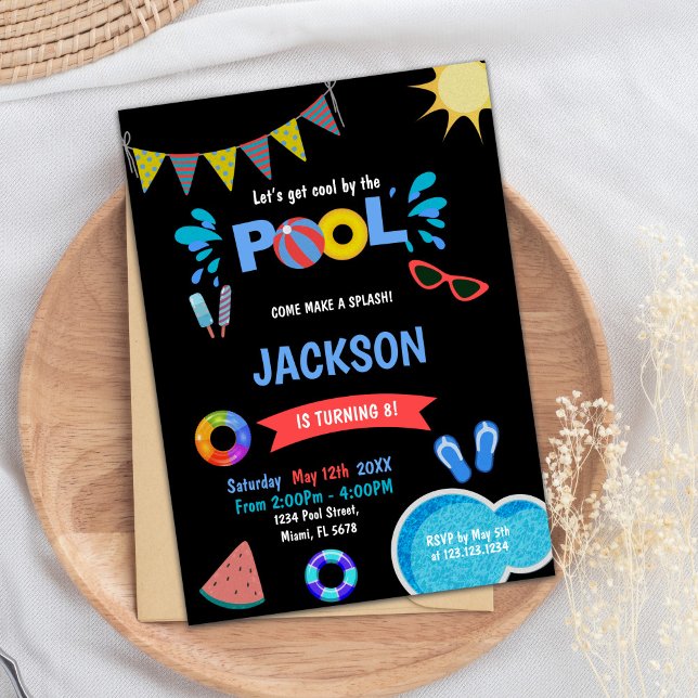 Editable Cool Summer Swim Party Invite (Red Sunglass Pool Birthday Invitations)