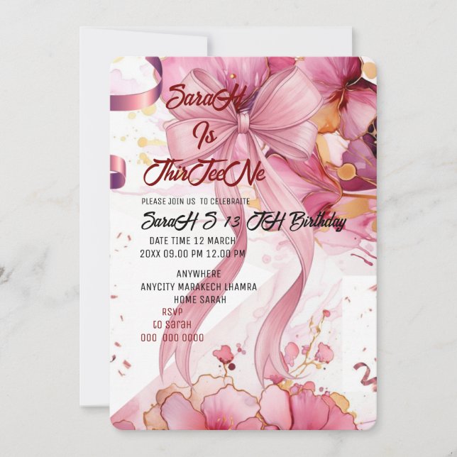 Editable Coquette Pink Bow Birthday Invitation, Pi Invitation (Front)