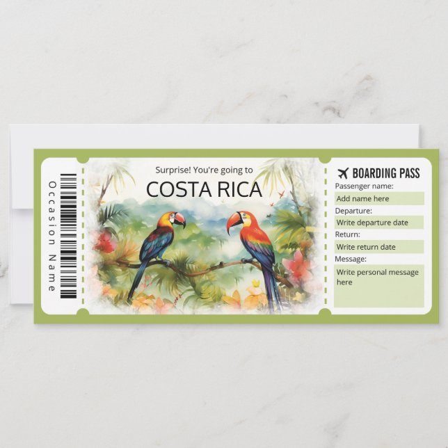 Editable Costa Rica Plane ticket Boarding Pass Invitation (Front)