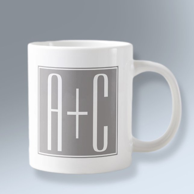 Editable Couples Initials | White & Grey Large Coffee Mug (Creator Uploaded)