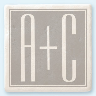 Editable Couples Initials   White & Grey Stone Coaster