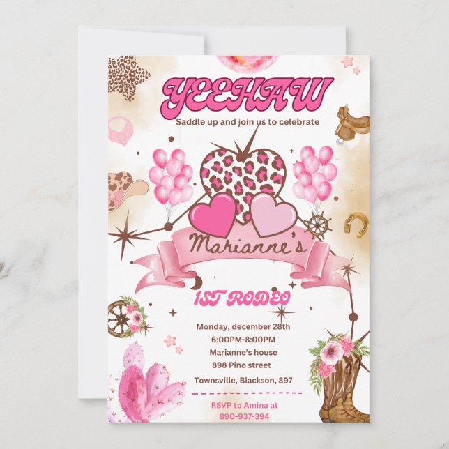 Editable Cowgirl Birthday Invitation, Disco Rodeo Invitation (Front)