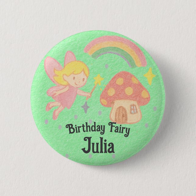 Editable Crayon Style – Fairy Mushroom Birthday 6 Cm Round Badge (Front)