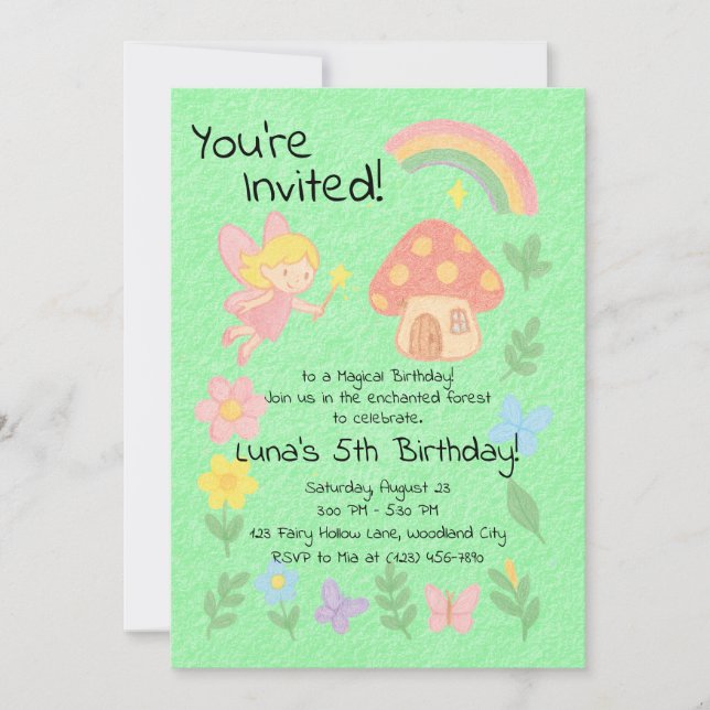 Editable Crayon Style – Fairy Mushroom Forest Invitation (Front)