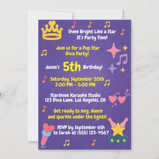 Editable Crayon Style – Pop Star Diva Party  Invitation (Front)