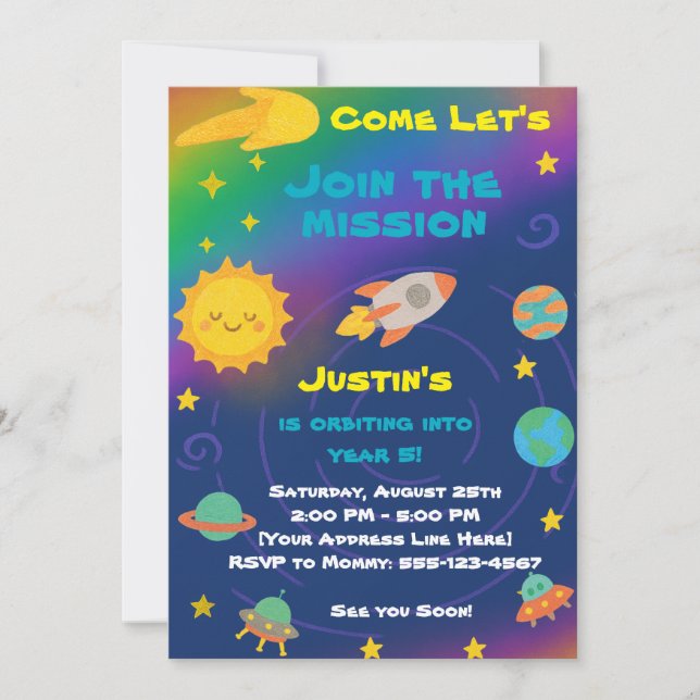 Editable Crayon Style – Solar System Birthday Invitation (Front)