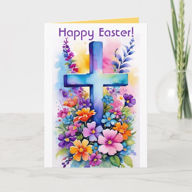 Editable Cross and Flowers Easter Card (Front)
