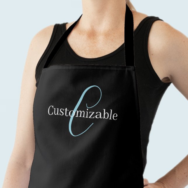 Editable Cursive Script Monogram Black Blue White Apron (Creator Uploaded)