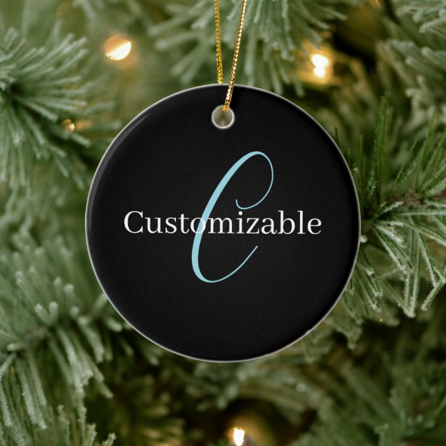 Editable Cursive Script Monogram Black Blue White Ceramic Ornament (Tree)