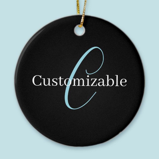 Editable Cursive Script Monogram Black Blue White Ceramic Ornament (Creator Uploaded)