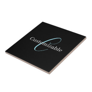 Editable Cursive Script Monogram Black Blue White Ceramic Tile