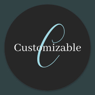 Editable Cursive Script Monogram Black Blue White Classic Round Sticker