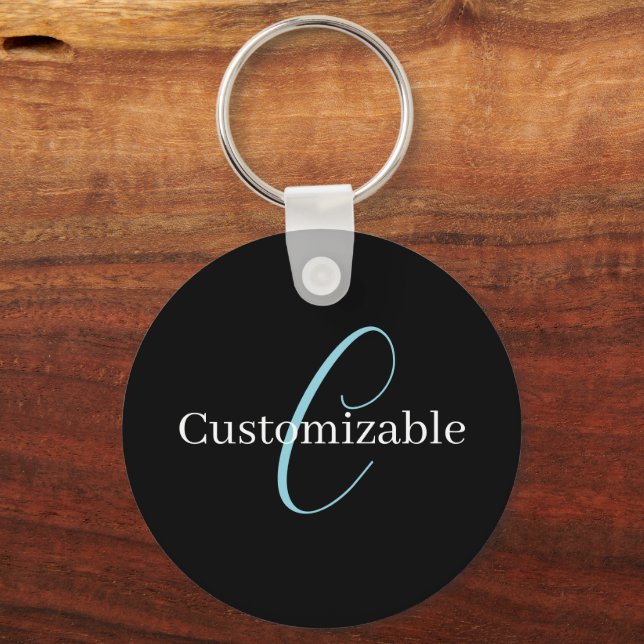 Editable Cursive Script Monogram Black Blue White Key Ring (Front)