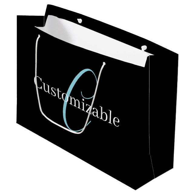 Editable Cursive Script Monogram Black Blue White Large Gift Bag (Front Angled)