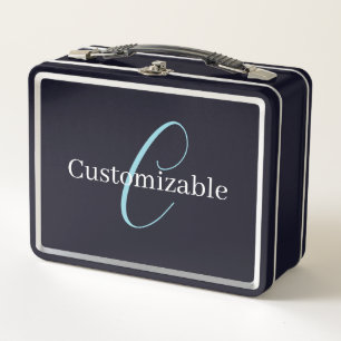 Editable Cursive Script Monogram Black Blue White Metal Lunch Box