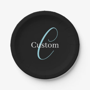 Editable Cursive Script Monogram Black Blue White Paper Plate