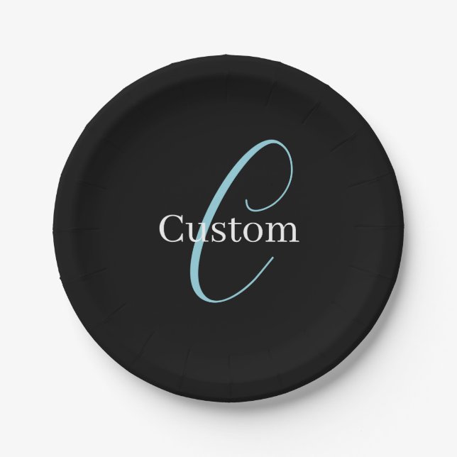 Editable Cursive Script Monogram Black Blue White Paper Plate (Front)