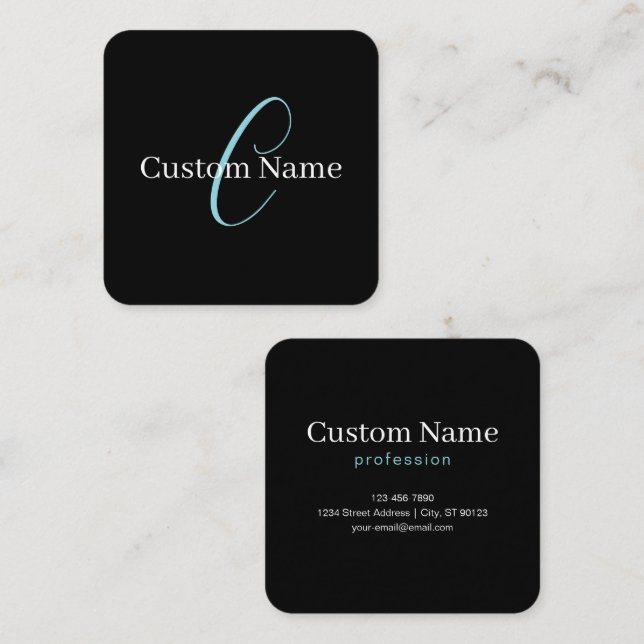 Editable Cursive Script Monogram Black Blue White Square Business Card (Front/Back)