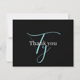 Editable Cursive Script Monogram Black Blue White Thank You Card