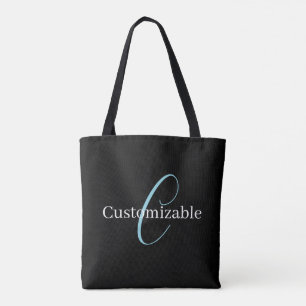 Editable Cursive Script Monogram Black Blue White Tote Bag