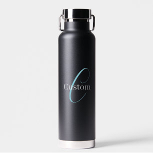 Editable Cursive Script Monogram Black Blue White Water Bottle
