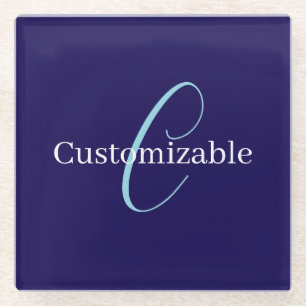 Editable Cursive Script Monogram Purplish Blue Glass Coaster