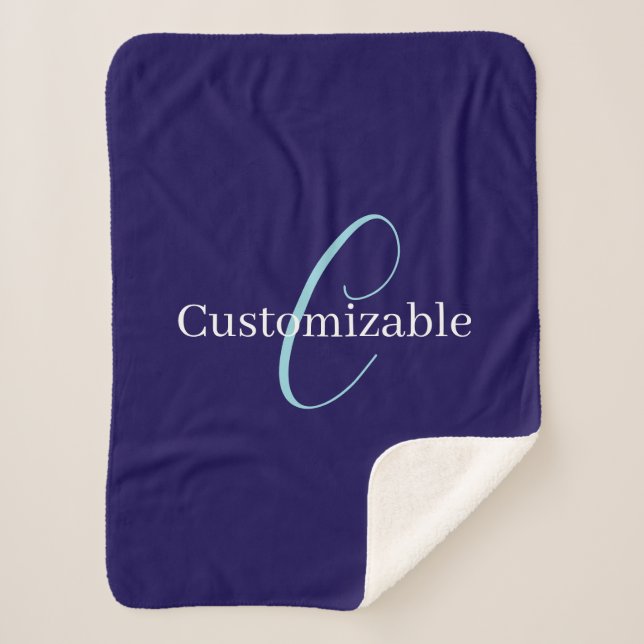 Editable Cursive Script Monogram Purplish Blue Sherpa Blanket (Front)