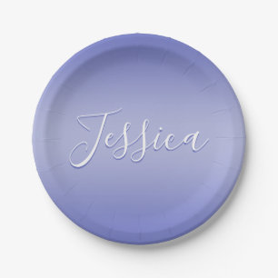 Editable Cursive Script White & Purple Violet Paper Plate