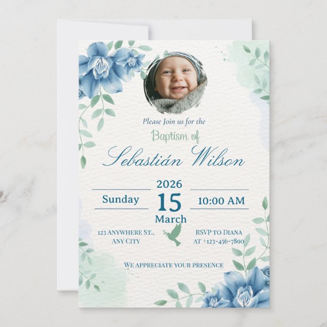 Editable Cute Baby Boy Baptism Invitation (Front)