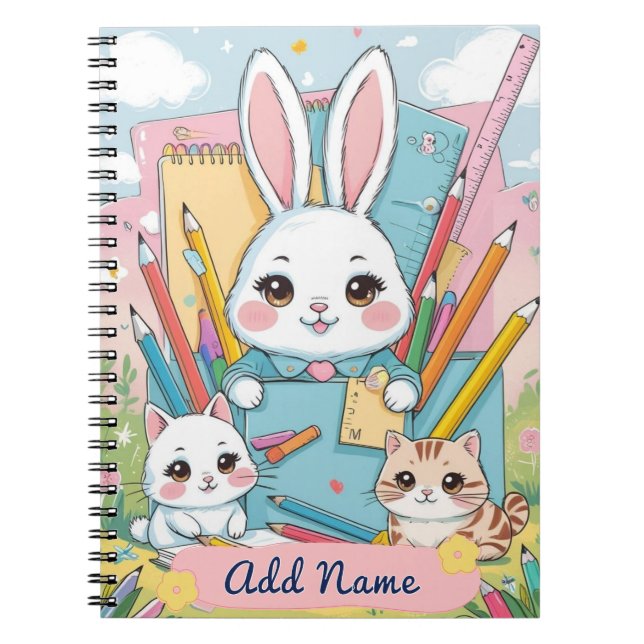 Editable  Cute Bunny & Kittens School Notebook  (Front)
