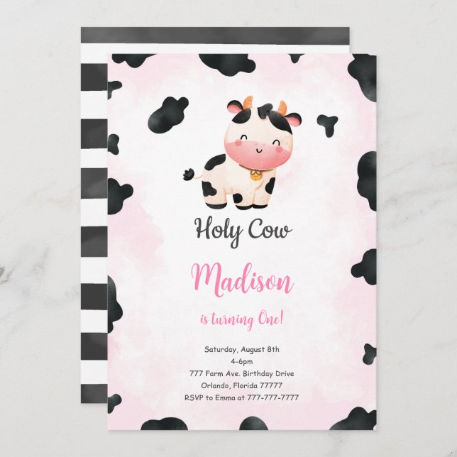 Editable Cute Cow Birthday Invitation (Front/Back)