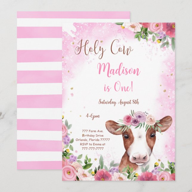 Editable Cute Cow Birthday Invitation (Front/Back)