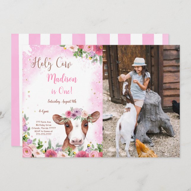 Editable Cute Cow Birthday Photo Invitation (Front/Back)