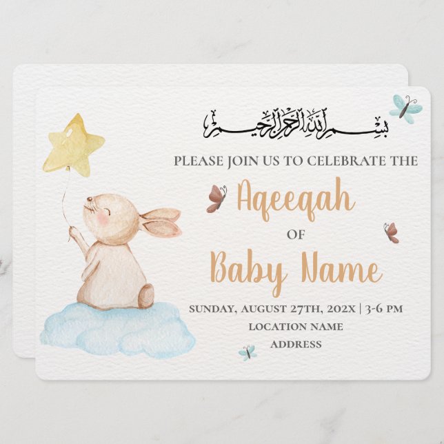 Editable Cute Neutral Aqeeqah Invitation Card (Front/Back)