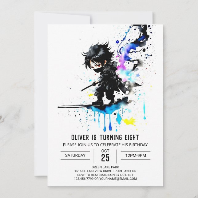 Editable Cute Ninja Boy Digital Birthday Invitation (Front)