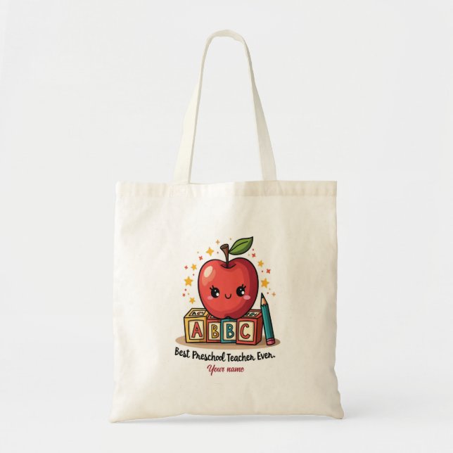 Editable Cute Teacher Apple Design Tote Bag (Front)