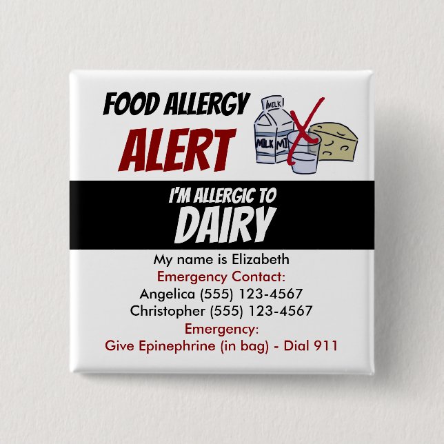 Editable Dairy Food Allergy Alert Warning 15 Cm Square Badge (Front)