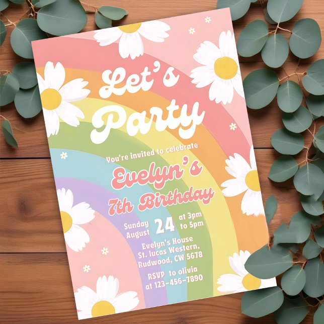 Editable Daisy Pastel Rainbow Birthday Party Girl  Invitation (Creator Uploaded)