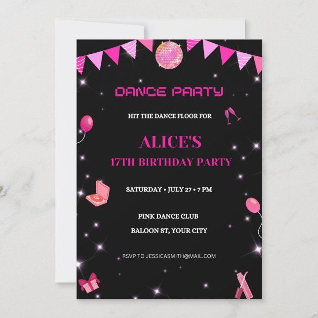 Editable Dance Birthday Party Invitation Template  (Front)