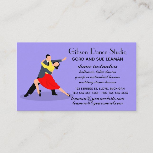 Editable Dancing Couple Dance Studio Lessons Business Card (Front)