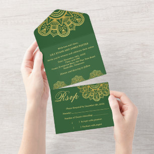 Editable Deep Green & Gold Mandala Indian Wedding  All In One Invitation