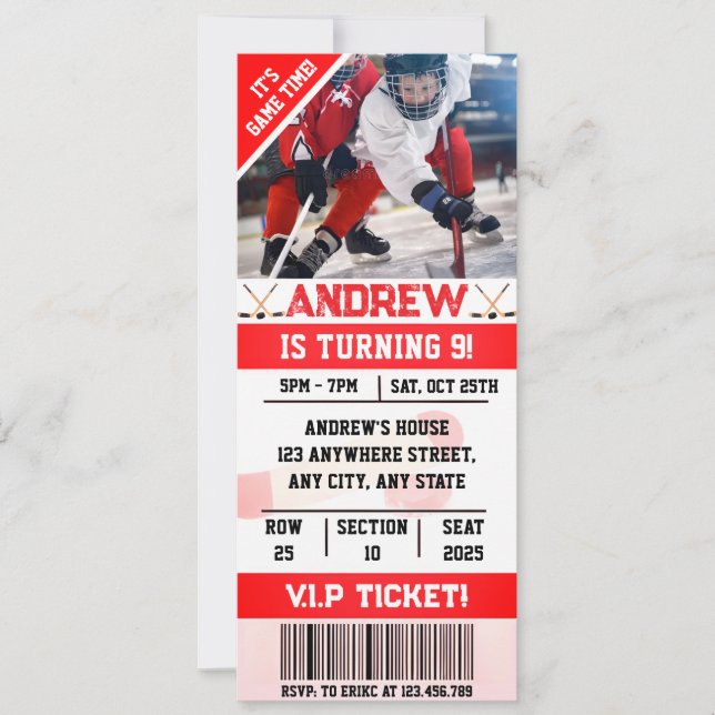 Editable Digital Hockey Ticket Birthday with Photo Invitation (Front)